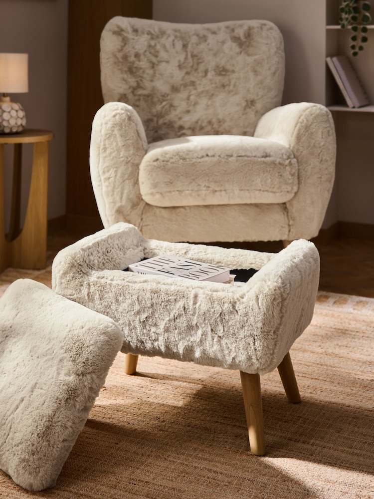 Oslo Faux Fur Light Natural Wilson Storage Footstool - Image 2 of 10