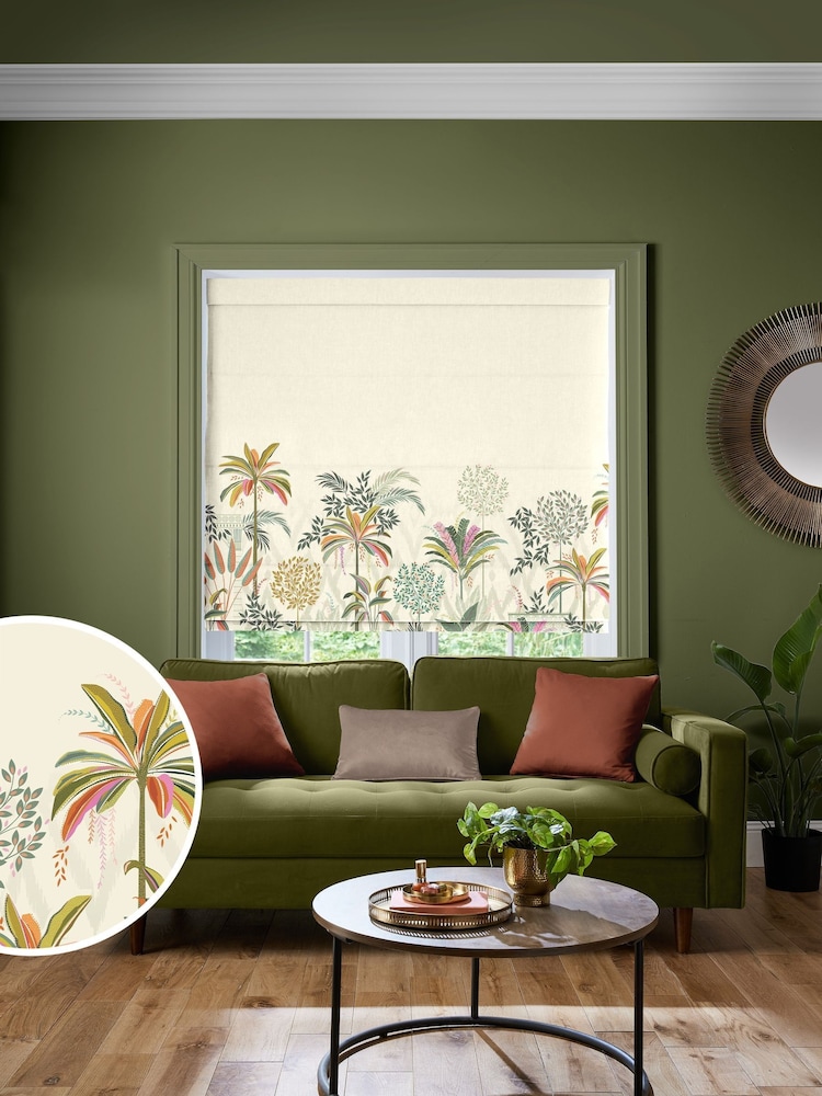 Sara Miller Light Stone Natural Palm Garden Border Made to Measure Roman Blind - Image 1 of 6