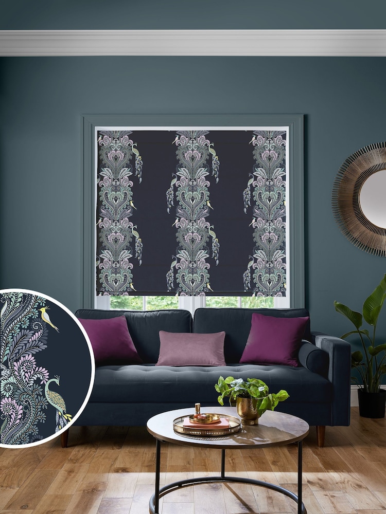 Sara Miller Petrol Blue Faux Silk Peacock Filigree Made to Measure Roman Blind - Image 1 of 6