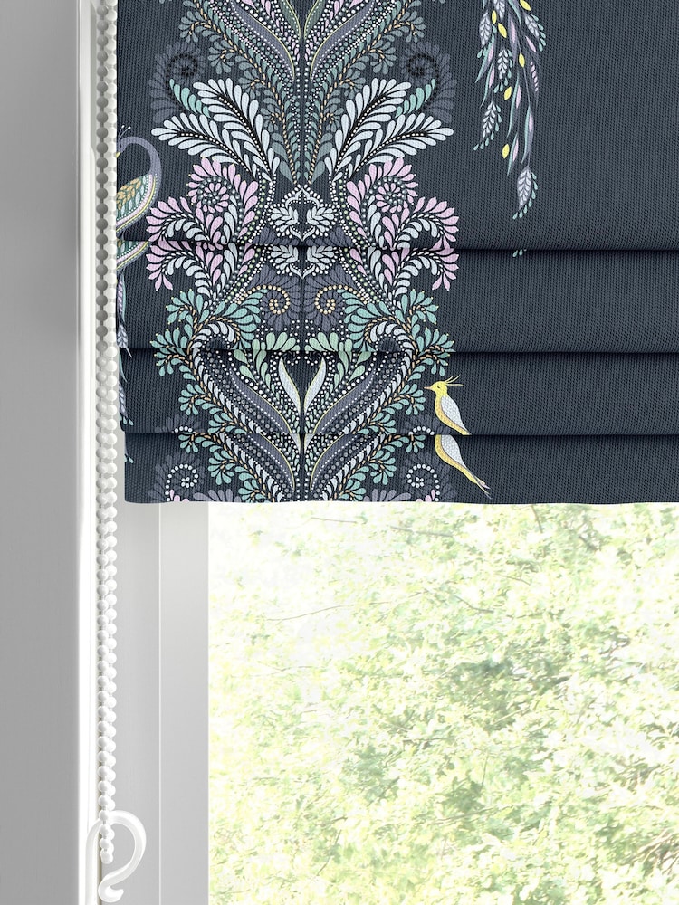 Sara Miller Petrol Blue Faux Silk Peacock Filigree Made to Measure Roman Blind - Image 2 of 6