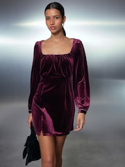 Burgundy Red Embelished Neckline Long Sleeve Mini Dress - Image 1 of 8