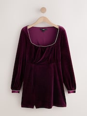 Burgundy Red Embelished Neckline Long Sleeve Mini Dress - Image 6 of 8