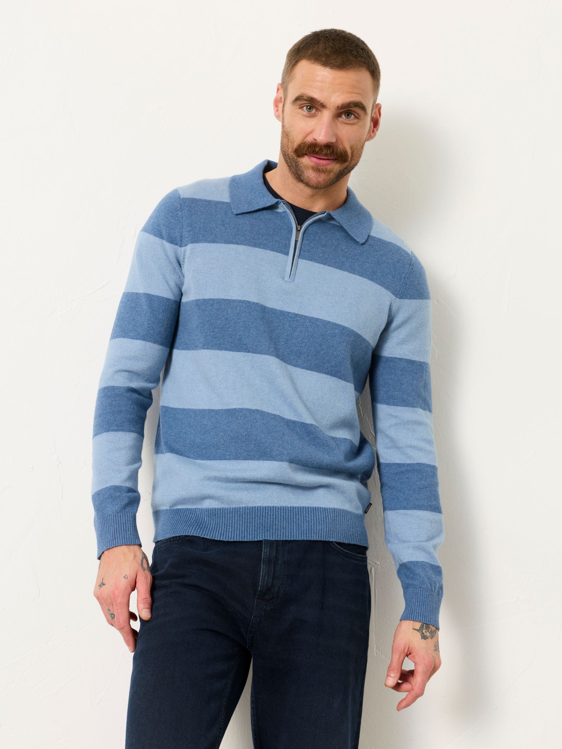 FatFace Rye Blue Denim Tonal Stripe Polo Jumper
