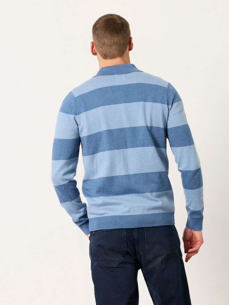 FatFace Rye Blue Denim Tonal Stripe Polo Jumper - Image 2 of 6