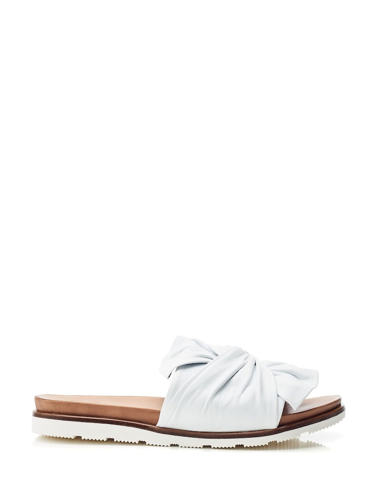 Jemini Twist Bow Flat White Leather Sandals - Image 1 of 4