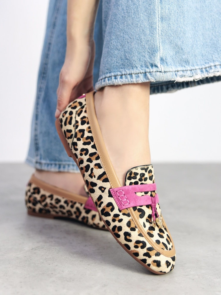Moda in Pelle Erythrina Tassel Leopard Print Trim Comfort Leather Loafers - Image 1 of 5