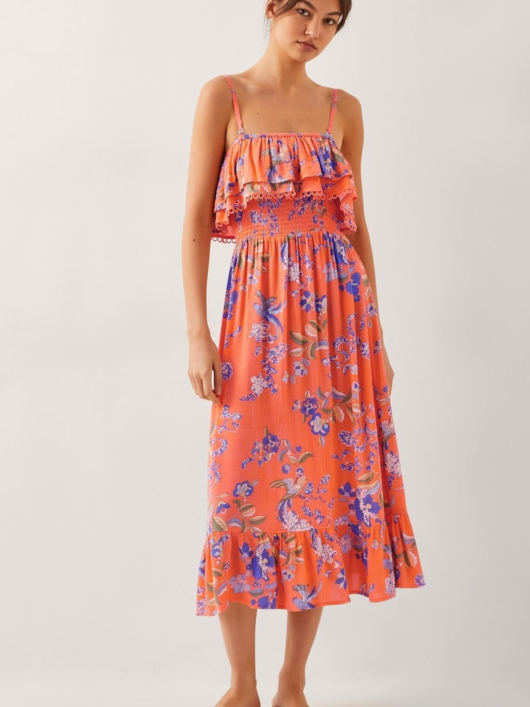 Monsoon Orange Kaia Floral Frill Midi Dress - Image 1 of 3