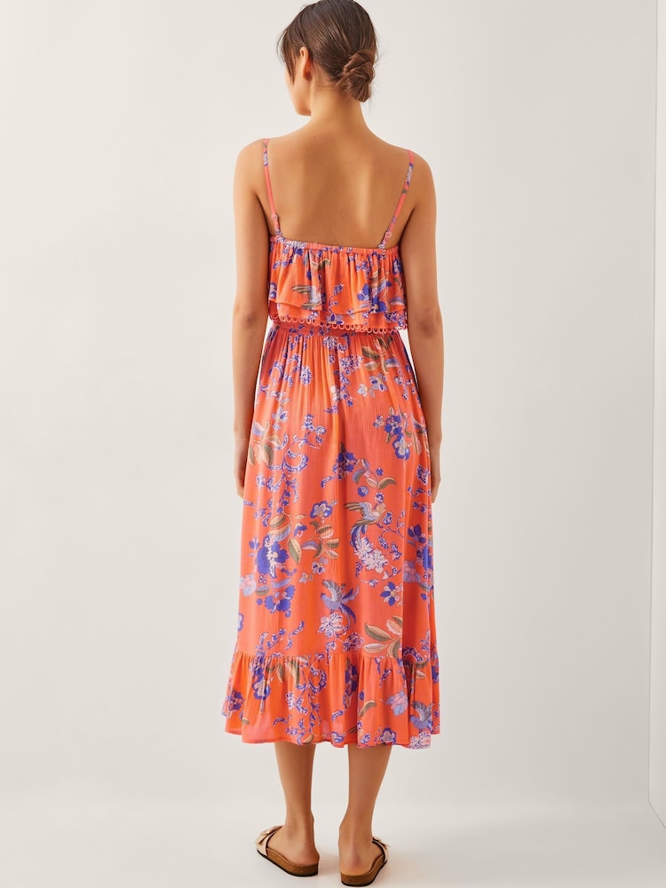 Monsoon Orange Kaia Floral Frill Midi Dress - Image 2 of 3