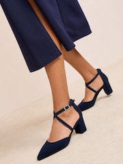 Friends Like These Navy Standard Fit Block Heel Cross Strap Court Shoes - Image 1 of 4