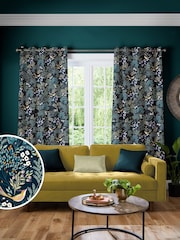 Sara Miller Teal Blue Faux Silk Songbird Made to Measure Curtains - Image 1 of 9