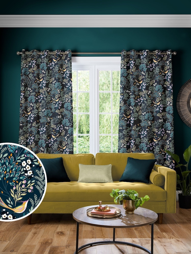 Sara Miller Teal Blue Faux Silk Songbird Made to Measure Curtains - Image 1 of 9