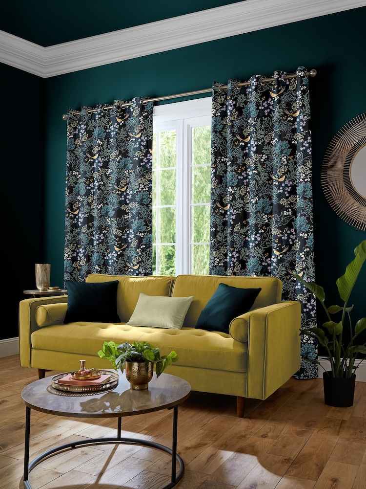 Sara Miller Teal Blue Faux Silk Songbird Made to Measure Curtains - Image 2 of 9