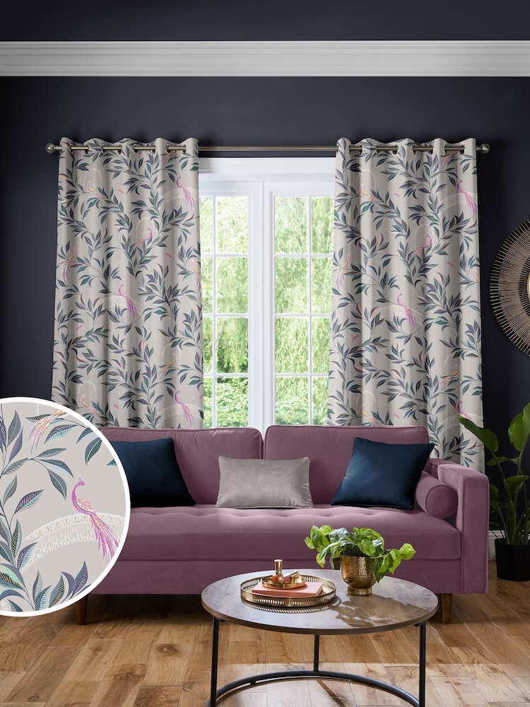 Sara Miller Warm Grey Ornamental Peacock Made to Measure Curtains - Image 1 of 9