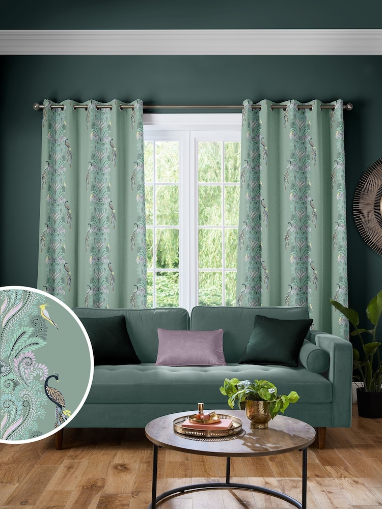 Sara Miller Sage Green Peacock Filigree Made to Measure Curtains - Image 1 of 9