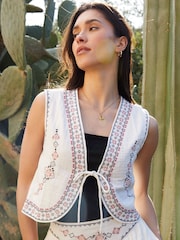 Threadbare Cream 100% Cotton Embroidered Tie Front Waistcoat - Image 1 of 4