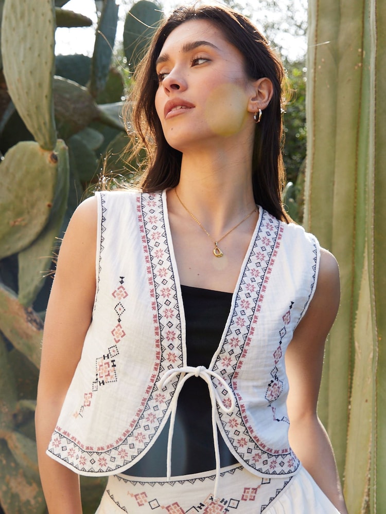 Threadbare Cream 100% Cotton Embroidered Tie Front Waistcoat - Image 1 of 4