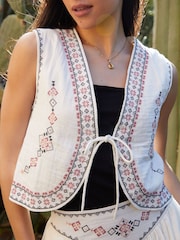 Threadbare Cream 100% Cotton Embroidered Tie Front Waistcoat - Image 2 of 4