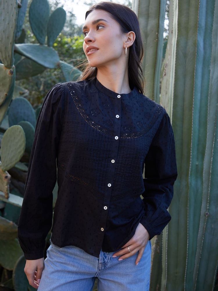 Threadbare Black Lace Detail Boho 100% Cotton Blouse - Image 1 of 4