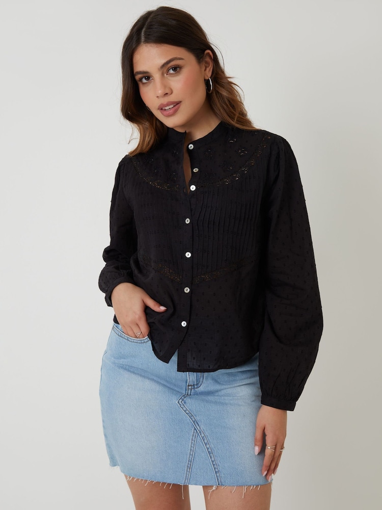 Threadbare Black Lace Detail Boho 100% Cotton Blouse - Image 1 of 4 Threadbare Black Lace Detail Boho 100% Cotton Blouse - Image 1 of 4