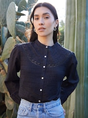 Threadbare Black Lace Detail Boho 100% Cotton Blouse - Image 3 of 4