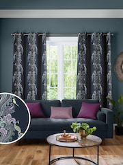 Sara Miller Petrol Blue Faux Silk Peacock Filigree Made to Measure Curtains - Image 1 of 9