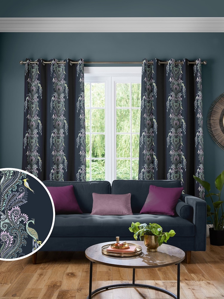 Sara Miller Petrol Blue Faux Silk Peacock Filigree Made to Measure Curtains - Image 1 of 9
