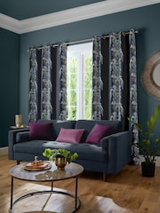 Sara Miller Petrol Blue Faux Silk Peacock Filigree Made to Measure Curtains - Image 2 of 9