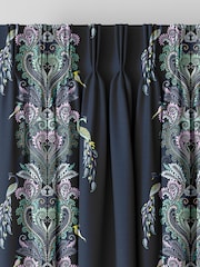 Sara Miller Petrol Blue Faux Silk Peacock Filigree Made to Measure Curtains - Image 5 of 9