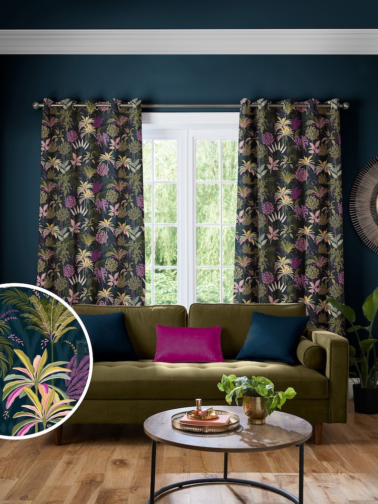 Sara Miller Midnight Blue Faux Silk Palm Garden Made to Measure Curtains - Image 1 of 9