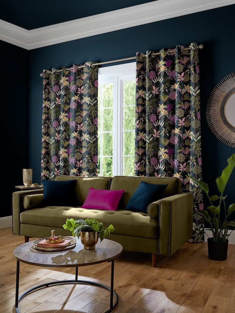 Sara Miller Midnight Blue Faux Silk Palm Garden Made to Measure Curtains - Image 2 of 9
