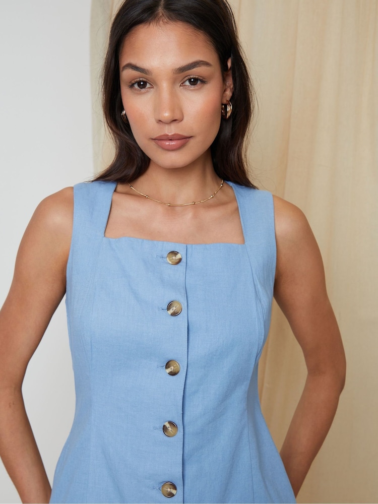 Threadbare Blue Linen Blend Waistcoat Summer Dress - Image 2 of 4