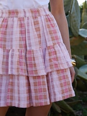 Threadbare Pink 100% Cotton Check Pull On Ruffle Mini Skirt - Image 2 of 5