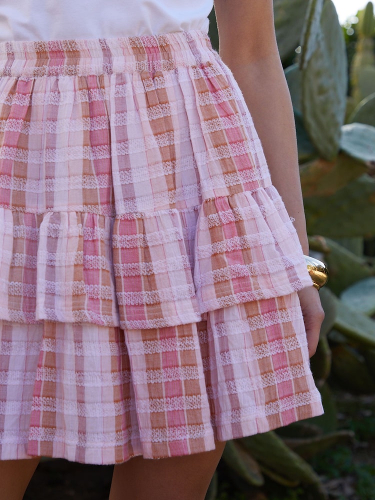 Threadbare Pink 100% Cotton Check Pull On Ruffle Mini Skirt - Image 2 of 5