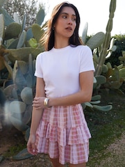 Threadbare Pink 100% Cotton Check Pull On Ruffle Mini Skirt - Image 3 of 5