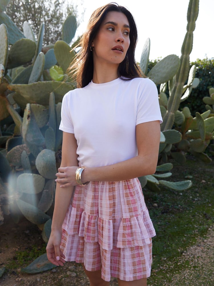Threadbare Pink 100% Cotton Check Pull On Ruffle Mini Skirt - Image 3 of 5