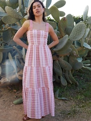 Threadbare Pink 100% Cotton Check Shirred Guaze Tiered Midi Dress - Image 1 of 5