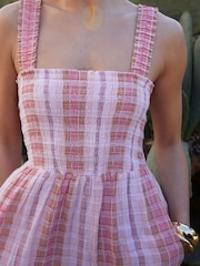 Threadbare Pink 100% Cotton Check Shirred Guaze Tiered Midi Dress - Image 2 of 5