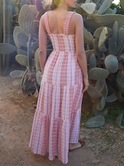 Threadbare Pink 100% Cotton Check Shirred Guaze Tiered Midi Dress - Image 4 of 5