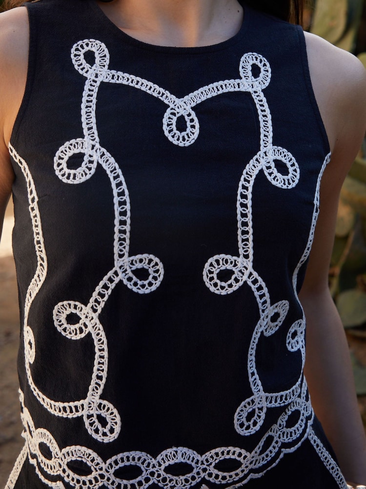 Threadbare Black 100% Cotton Cornelli Embroidered Button Back Shell Tank Top - Image 4 of 4