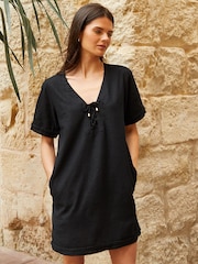Threadbare Black Linen Blend Lace Front Detail T-Shirt Dress - Image 1 of 5