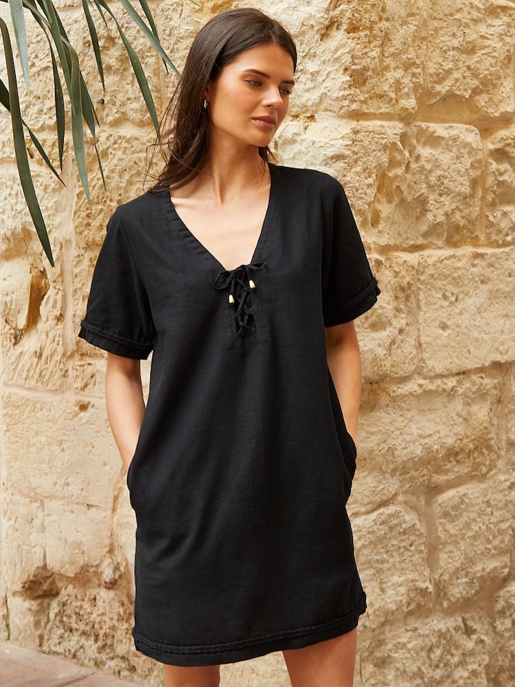 Threadbare Black Linen Blend Lace Front Detail T-Shirt Dress - Image 1 of 5