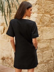 Threadbare Black Linen Blend Lace Front Detail T-Shirt Dress - Image 2 of 5