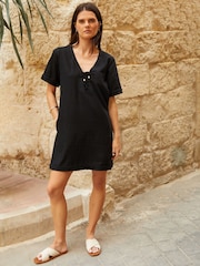 Threadbare Black Linen Blend Lace Front Detail T-Shirt Dress - Image 3 of 5