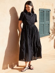 Threadbare Black 100% Cotton Short Sleeve Collared Broderie Maxi Shirt Dress - Image 1 of 4