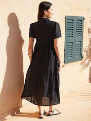 Threadbare Black 100% Cotton Short Sleeve Collared Broderie Maxi Shirt Dress - Image 2 of 4