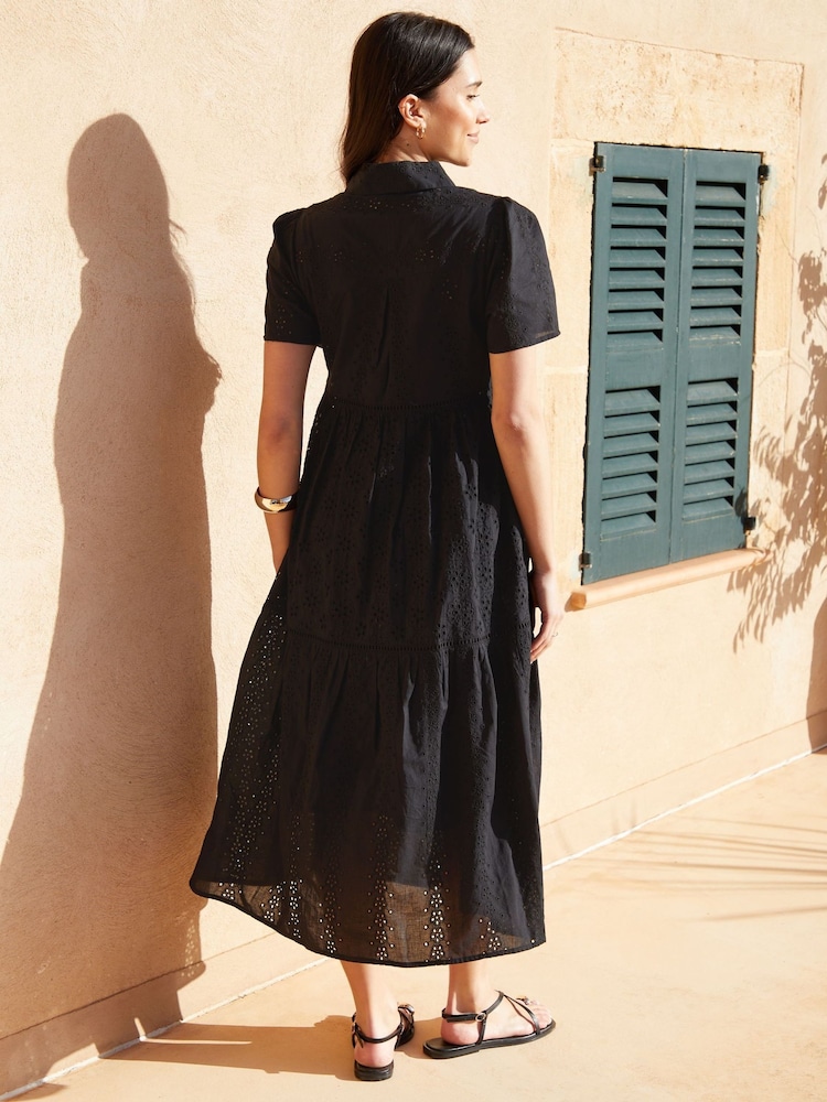 Threadbare Black 100% Cotton Short Sleeve Collared Broderie Maxi Shirt Dress - Image 2 of 4