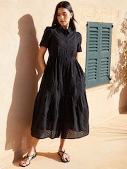 Threadbare Black 100% Cotton Short Sleeve Collared Broderie Maxi Shirt Dress - Image 4 of 4