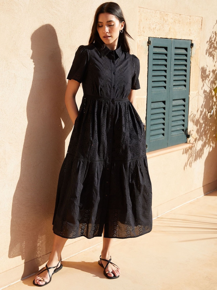 Threadbare Black 100% Cotton Short Sleeve Collared Broderie Maxi Shirt Dress - Image 4 of 4