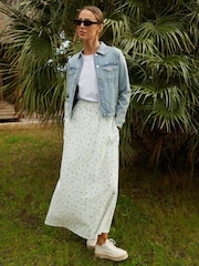 Threadbare White Floral Ditsy Print Shirred Pull On Linen Blend Midaxi Skirt - Image 1 of 5