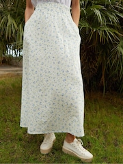 Threadbare White Floral Ditsy Print Shirred Pull On Linen Blend Midaxi Skirt - Image 2 of 5